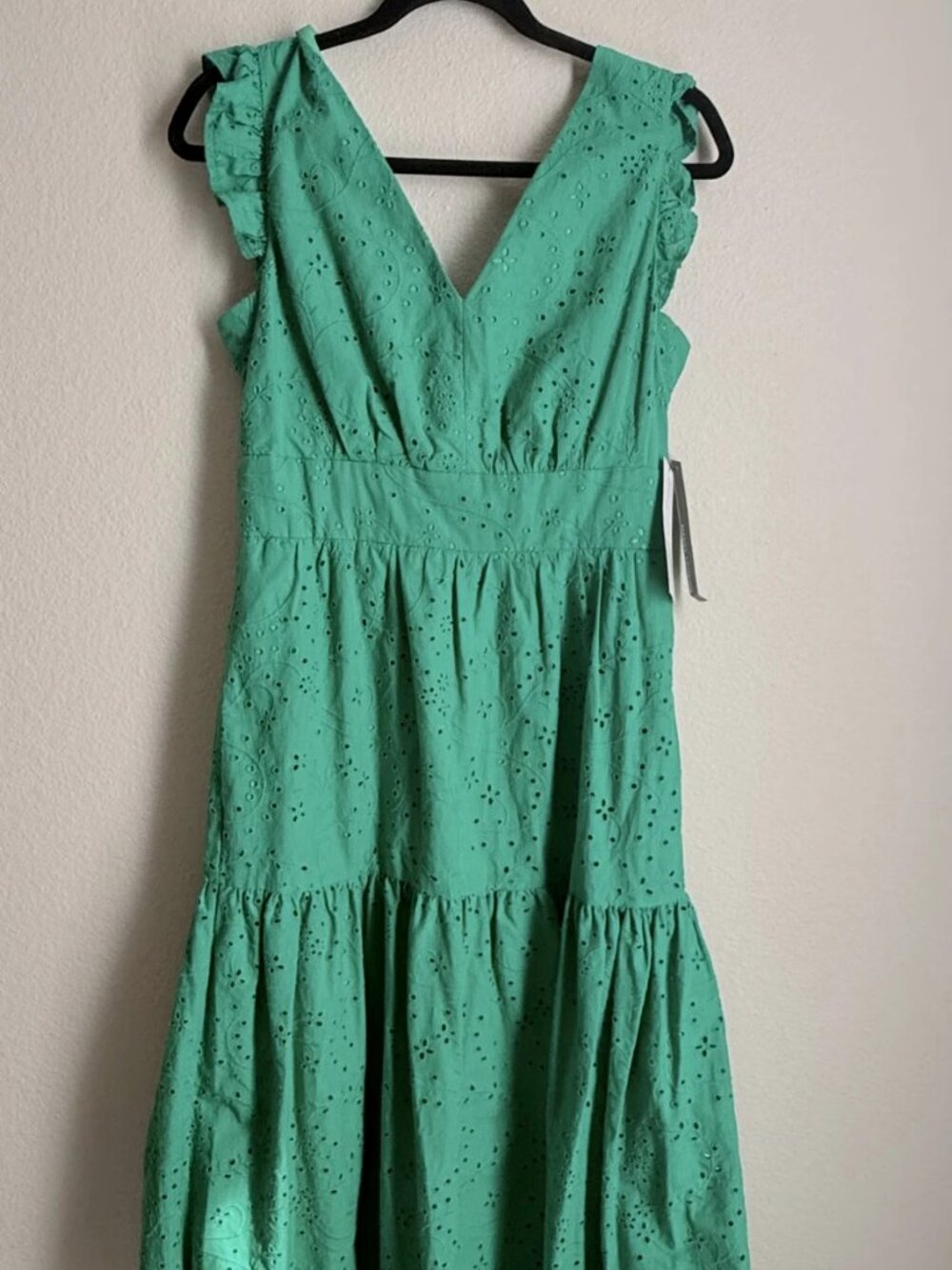 Maggy London Green Cotton Eyelet Tiered Midi Dress Size 4 NWT